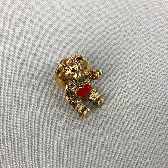 Vintage Red Enamel Heart Teddy Bear Gold Tone Small Pin - Picture 9 of 12